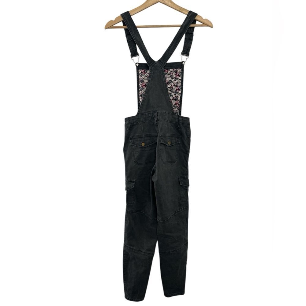 ModCloth Faded Black Overalls XS Utility Pink Floral Lined Bibs denim cargo boho - Picture 2 of 2